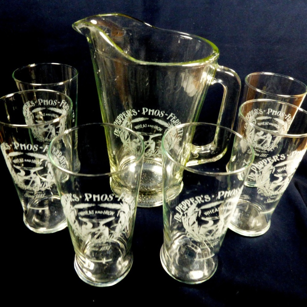 VTG Lot of 7 Dr. Pepper's Soda Phos-Ferrates 100th Anniversary Glasses & Pitcher